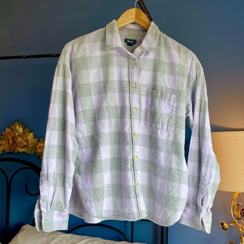 Roots Button Up Light Grey and Lilac Flannel Plaid Shirt